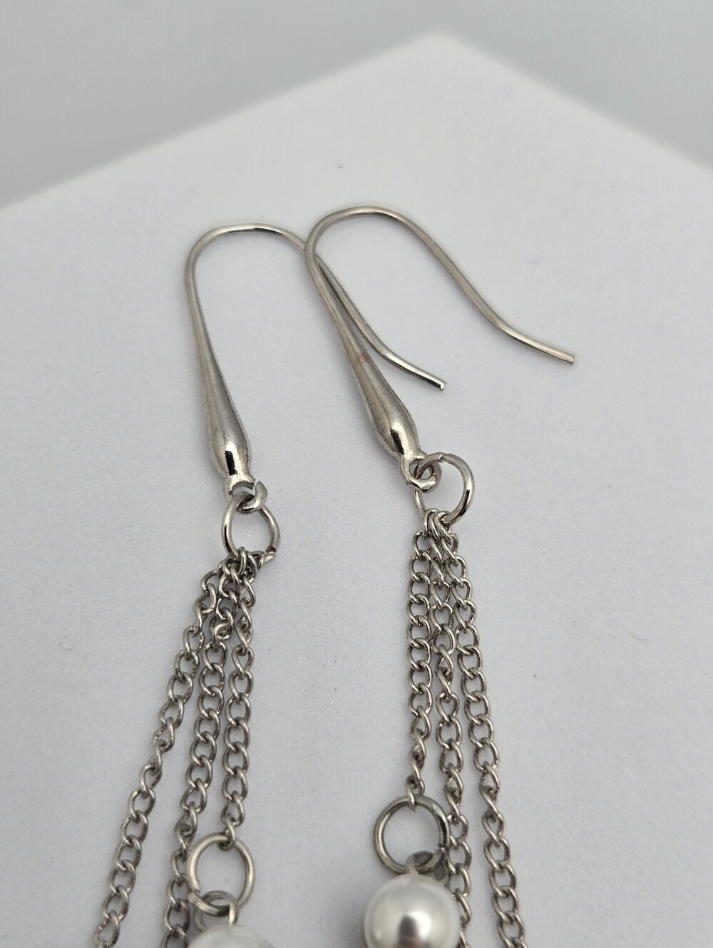 Triple Chain Faux Pearl Dangle Earrings Waterfall Drop French Hooks 3" Vintage - Picture 6 of 8
